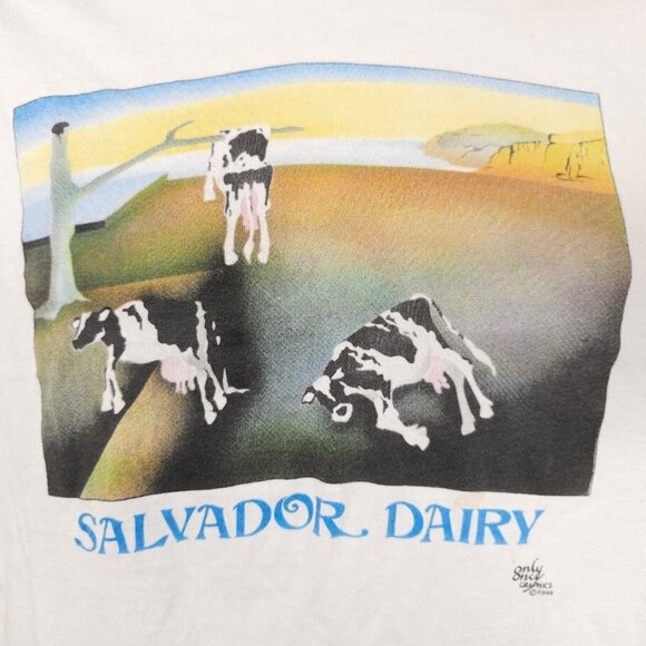 Vintage Salvador Dairy T Shirt Mens Size Large White 80s Dali Cow Made In USA - Picture 3 of 11